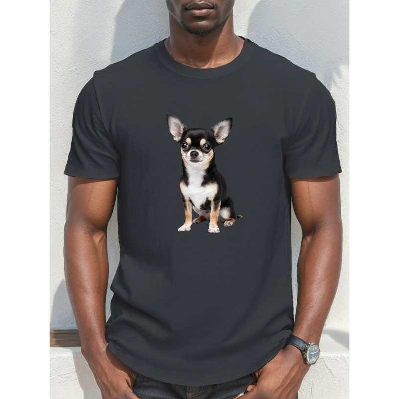 

Men's Polyester Crew Neck T-shirt With Chihuahua Print - Casual Short Sleeve Geometric Pattern Tee With Stretch For Summer