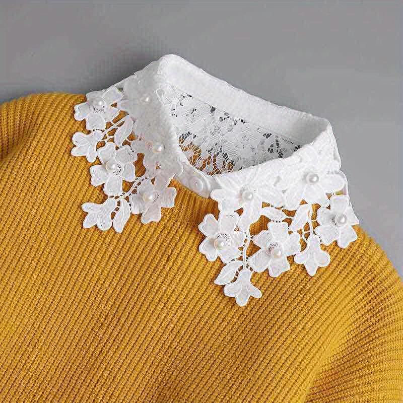 

Elegant Lace-trimmed Beaded Half Shirt Faux Collar - Detachable Polyester Knit Fabric Fake Collar For Women - Layering Accessory For Sweaters And Blazers - Hand Wash/ Only