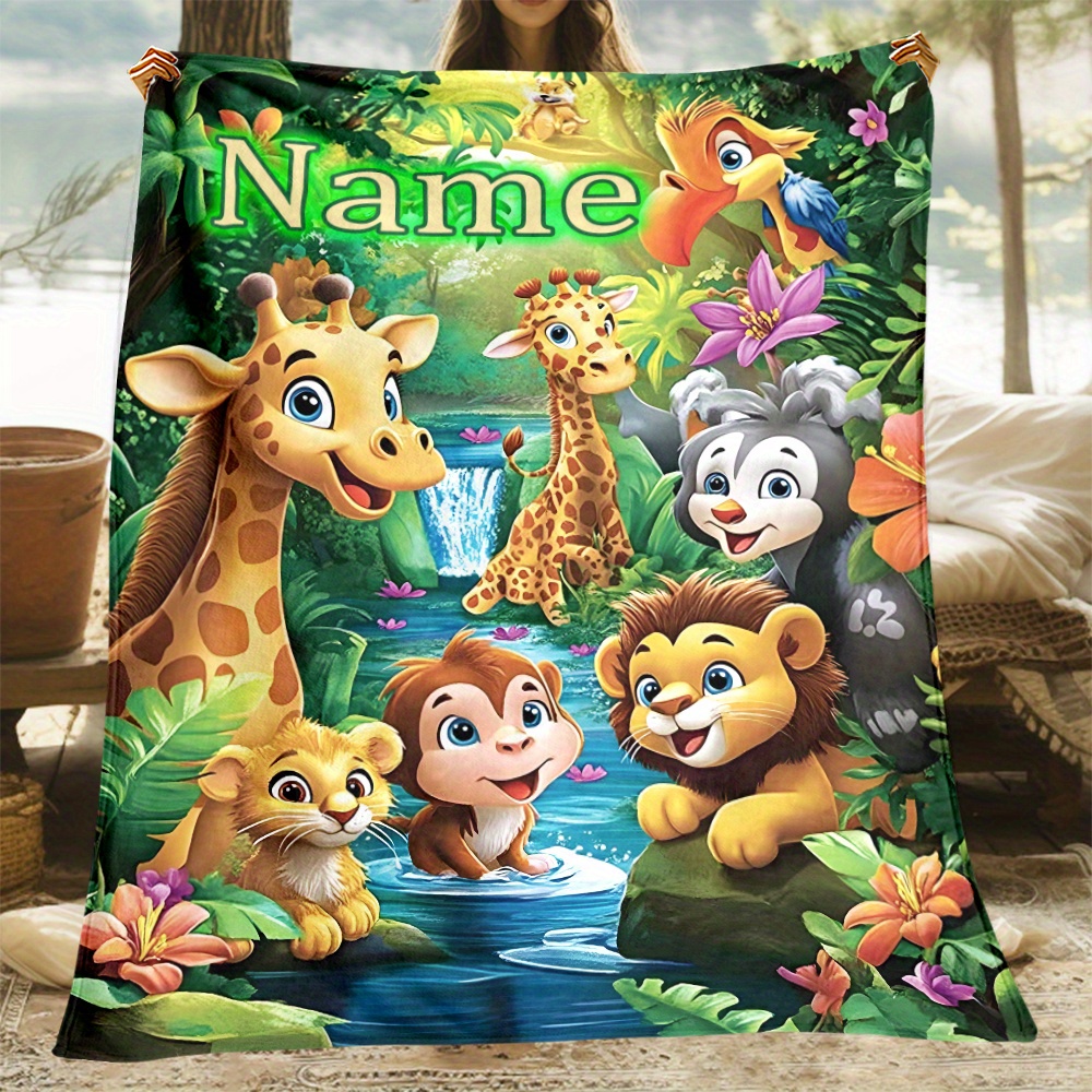 

Personalized Cartoon Animal Flannel Throw Blanket - Soft, Lightweight & For Couch, Bed, Travel | Custom Name Options With Giraffe, Monkey, Lion Designs | Perfect Gift For Family & Friends