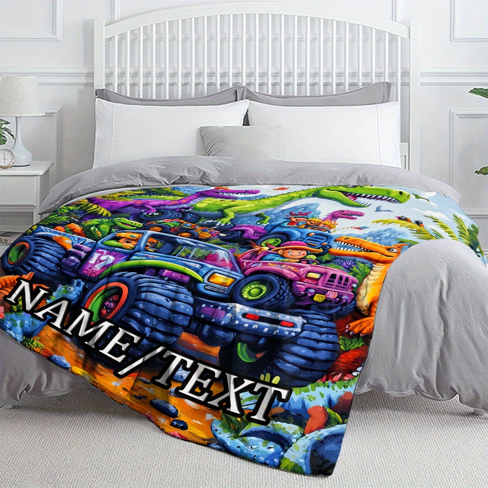 TEMU Customized 1pc Personalized Dinosaur Pattern Truck Blanket With High-definition Print - A Lightweight Flannel Throw Suitable For Sofa, Bed,