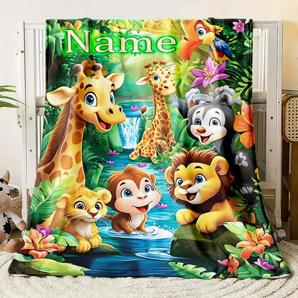 personalized cartoon animal flannel throw blanket soft lightweight   for couch bed travel custom name options with giraffe monkey lion designs perfect gift for   details 0