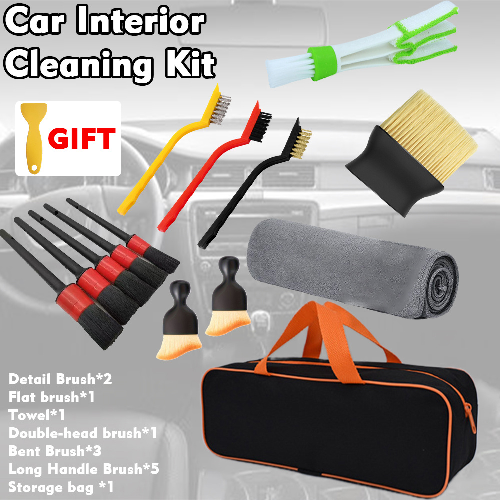 

15pcs Car Interior Cleaning Kit With Storage Bag, Towels, Air Conditioner Brush, Detailing Brushes, Long Handle And Flat Brushes, Scraper - Complete Set For Auto Maintenance