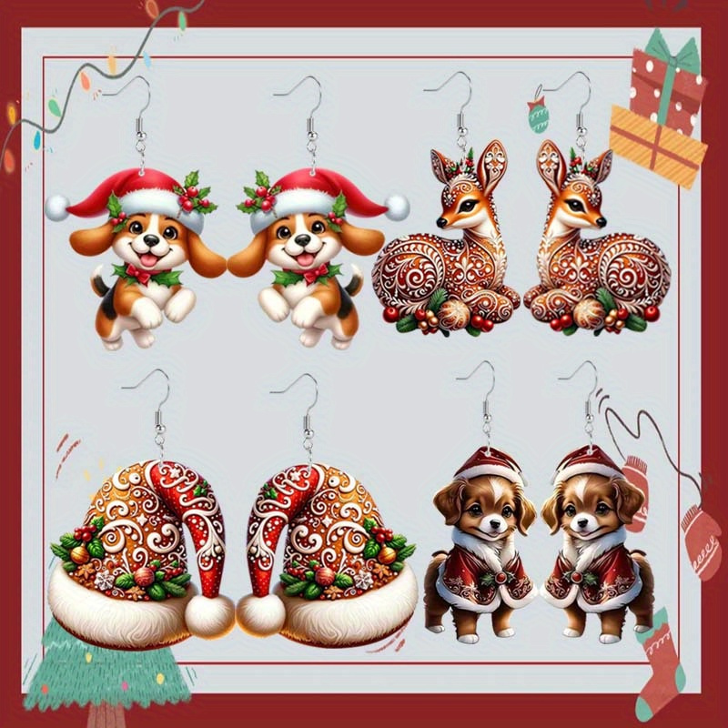 

4 Pairs Of Christmas Puppy Elk Christmas Leaves Fruit Santa Hat Acrylic Earrings Jewelry Holiday Gifts