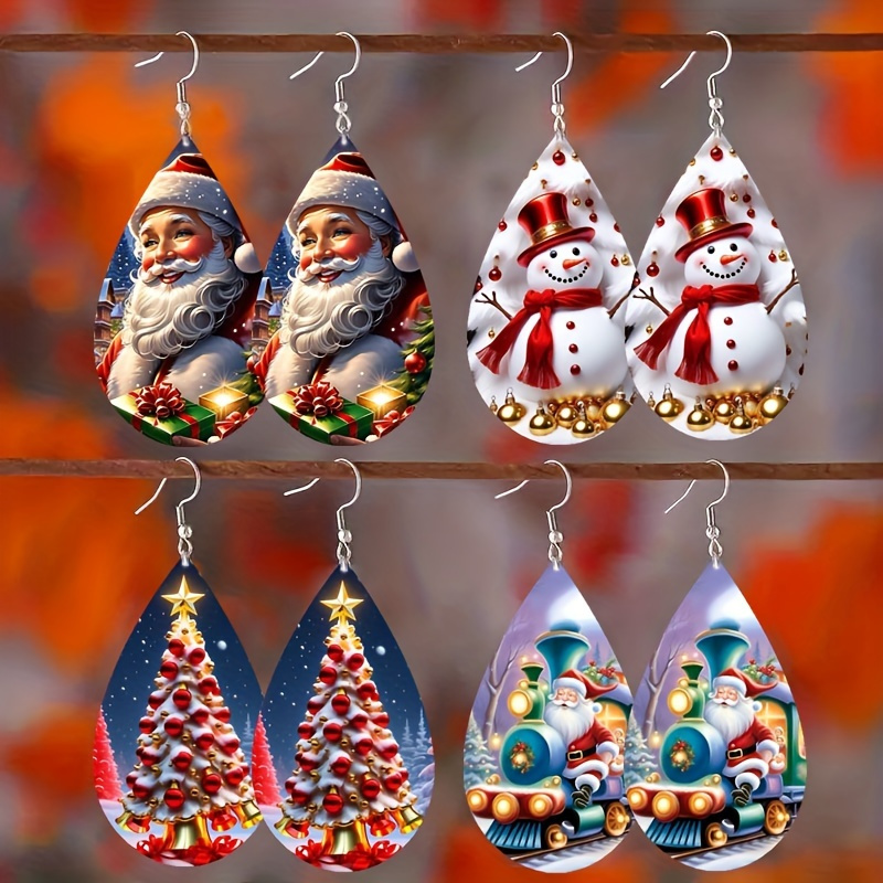 

4 Pairs Of Christmas Wooden Water Shaped Dangle Earrings, Double-sided Printed, , Cute, , And Fashionable Jewelry For Holiday Gifts With Different Patterns