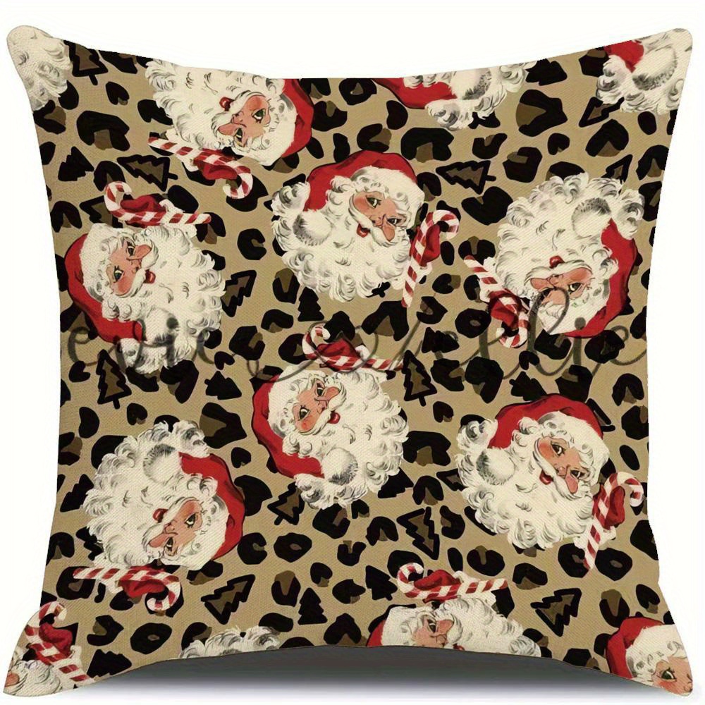 

1pc Christmas Santa & Leopard Print Throw Pillow Cover, 18x18 Inches, Zippered Polyester , Contemporary Style, Machine Washable, Home Decor Accessory For All Room Decor