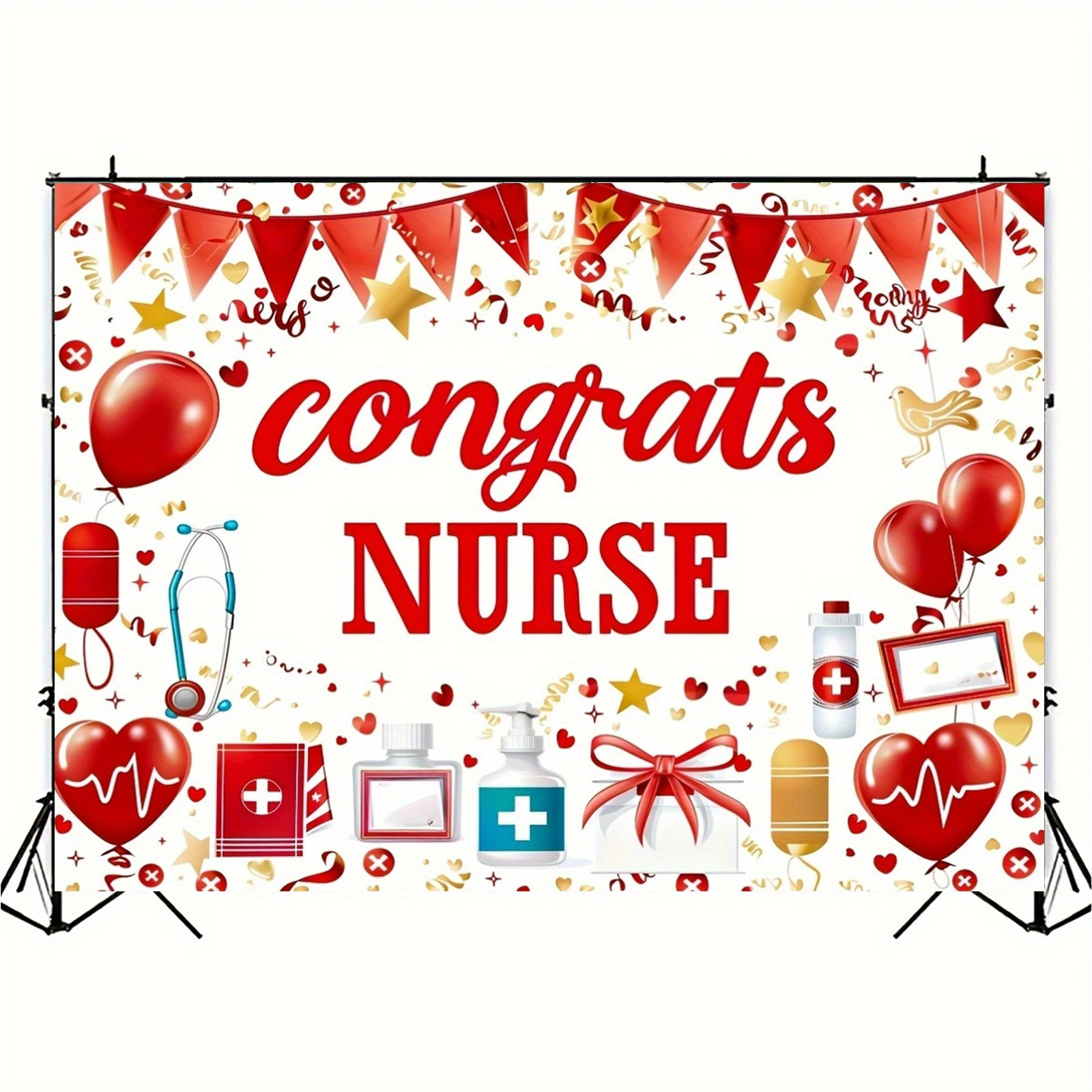 

Nurse Graduation Party Backdrop - Golden & Red, Polyester Photography Background For Class Of 2024 Celebrations