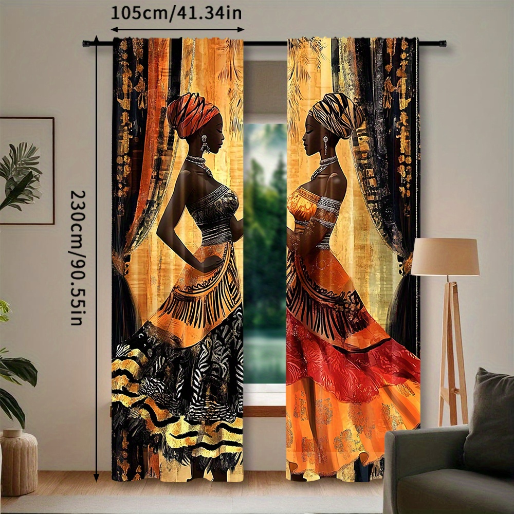 TEMU 2pcs, African Women Print Rod Pocket Window Curtains, Polyester Decorative Panels For Bedroom, Living Room And Office, Machine Washable