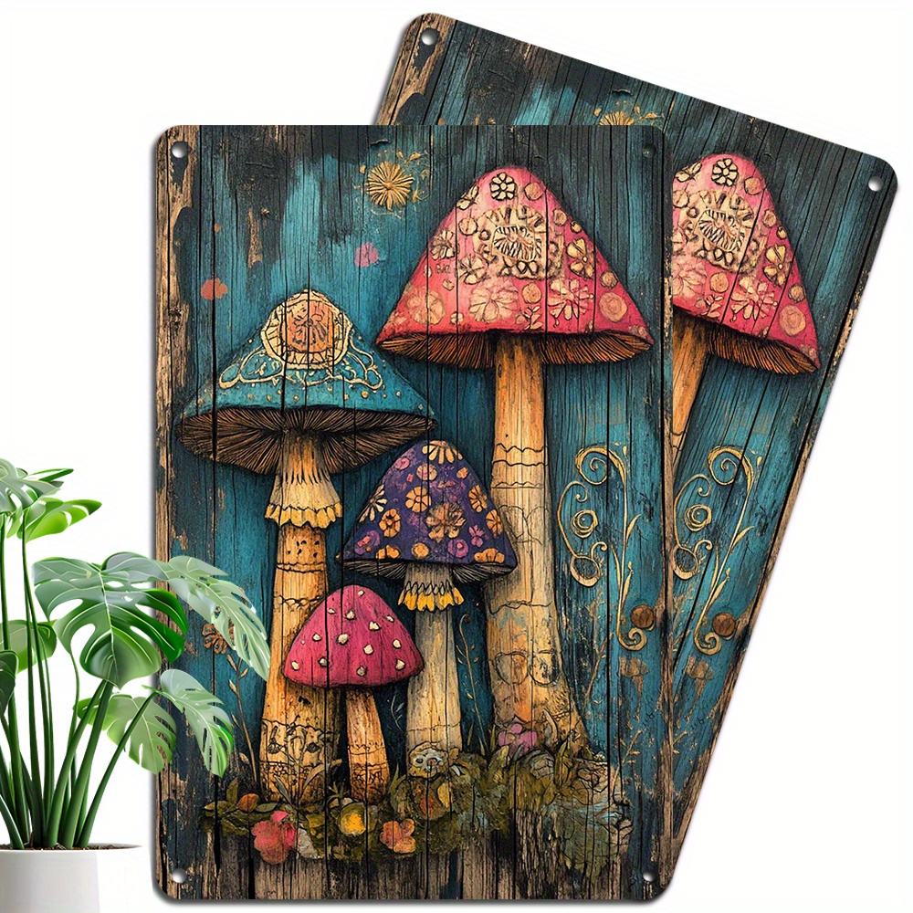 

2pcs, Tin Sign Mushroom Retro Metal Sign Wall Plaque Poster For Wall Art Decor For Clubs Cafes 8x12 Inch