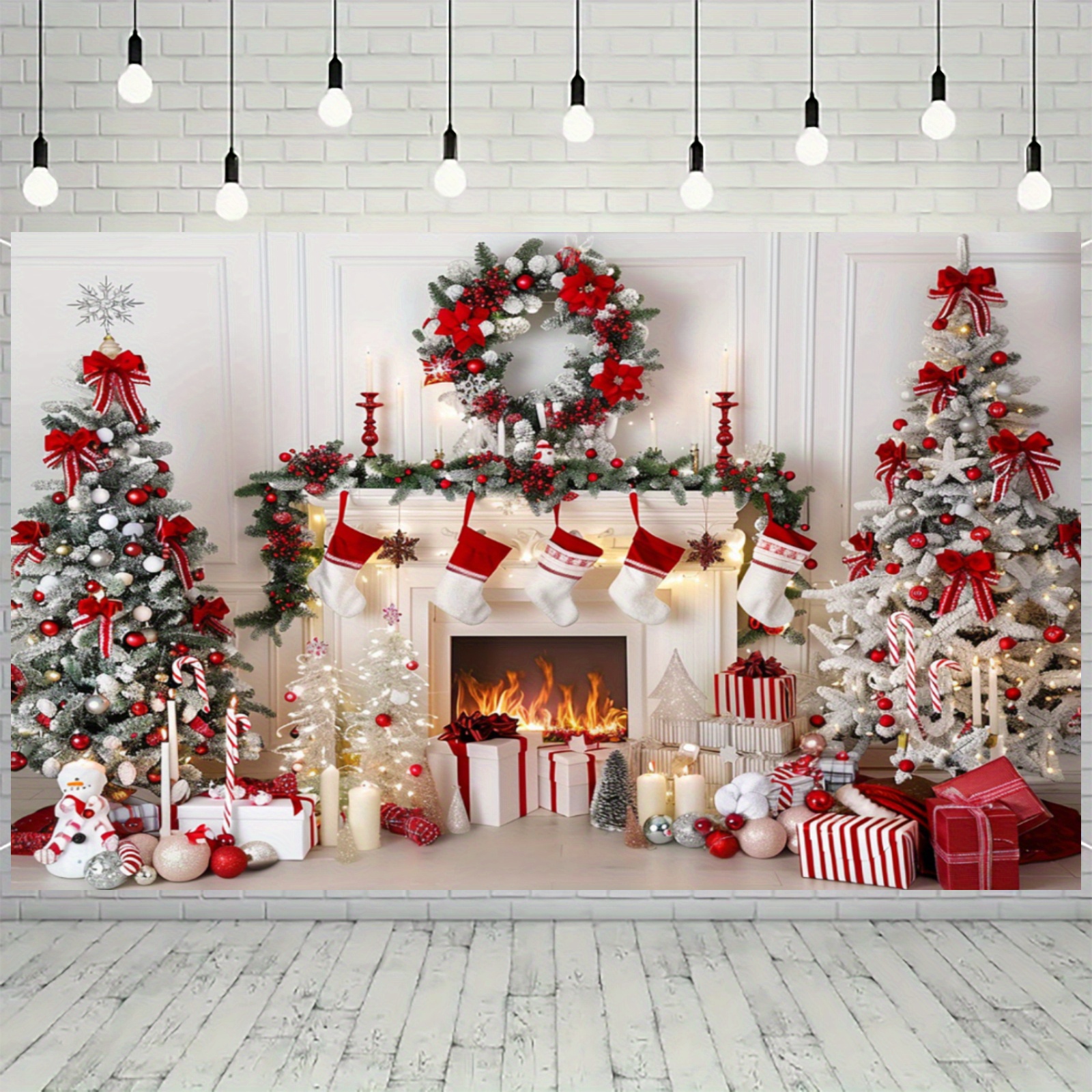 

Christmas Fireplace & Tree Photography Backdrop - White And Red - 51inchx59inch/78.8inchx90.5inch - Polyester - For Holidays & Parties