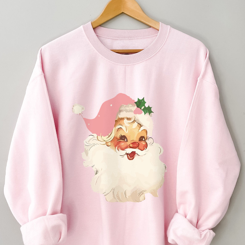 

Christmas Santa Claus Print Fleece-lined Sweatshirt - Casual Crew Neck Long Sleeve Knit Polyester Sweater For Fall/winter