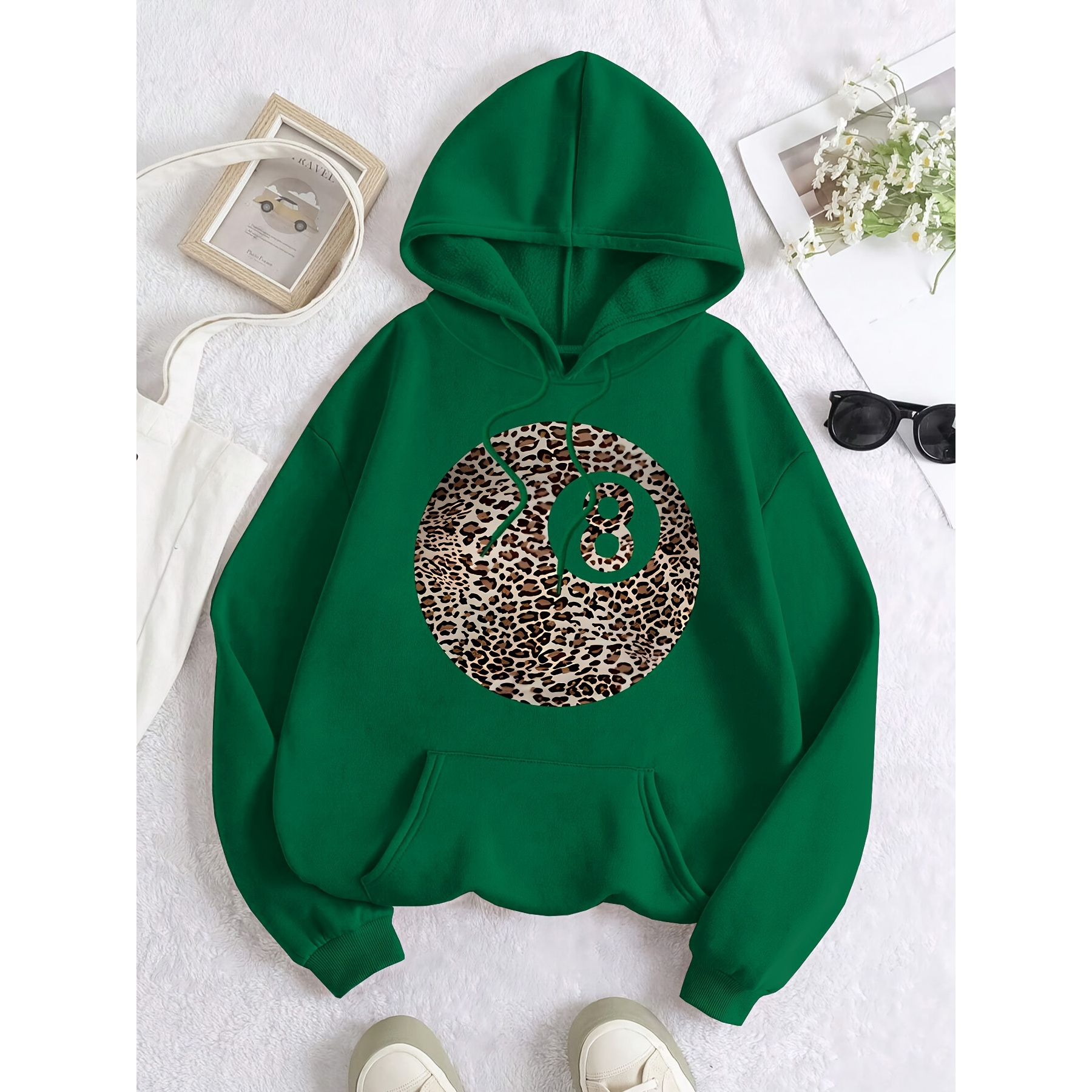 

Women's Casual Hoodie With Leopard Print& Billiards Design- Long Sleeve, Drawstring, Polyester , Machine Washable- Fall/winter