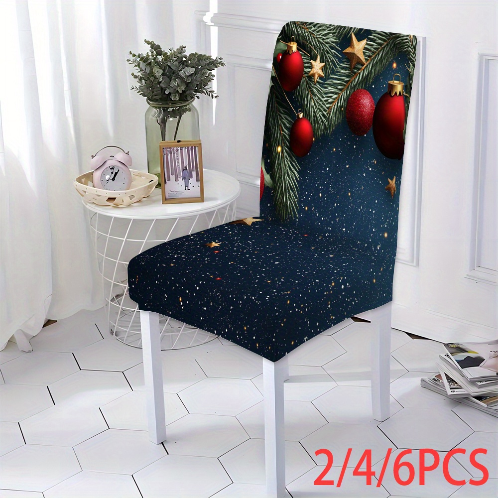 

2/4/6pcs Christmas Chair Covers, Dark Background With Holly And Bauble Print, Stretchable Polyester Seat Covers With Band, Machine Washable, , For Dining Room And Kitchen Decor