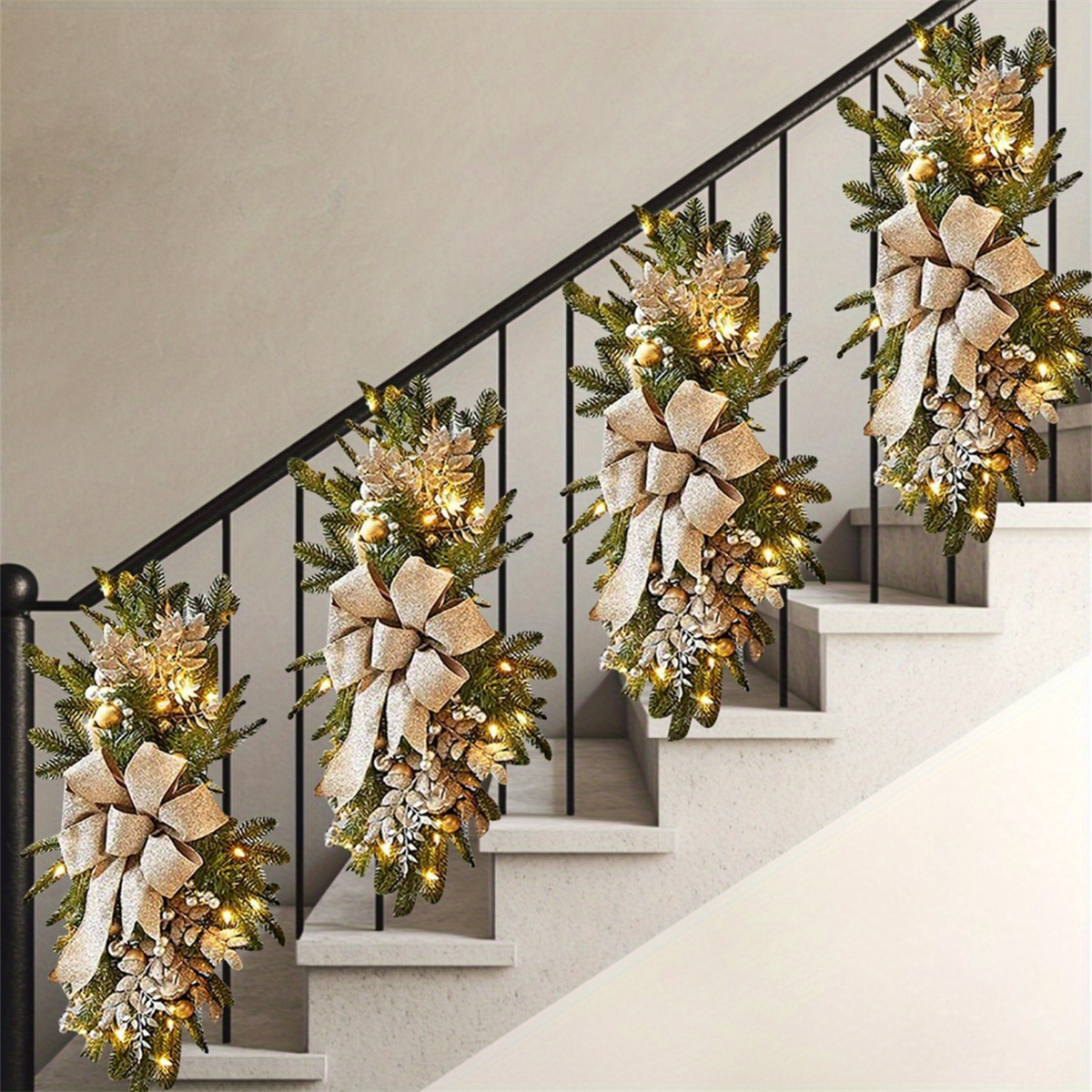 TEMU 4pcs Christmas Wreaths, Light Up Christmas Stair Swags, 23.6in/ 60cm Artificial Christmas Teardrop Swags Stairs Christmas Decoration For Stair