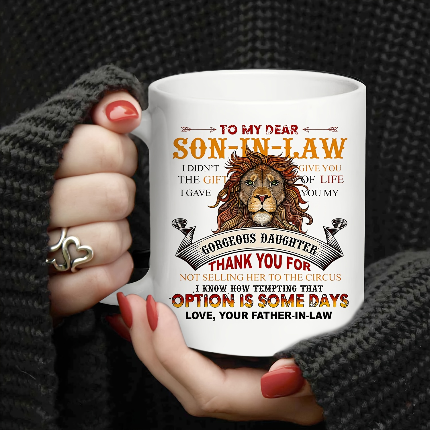 

Father-in-law To Son-in-law Ceramic Coffee Mug - Novelty 11oz Insulated Cup With Lion Graphic, Humorous Christmas, Thanksgiving, Easter Gifting Reusable Bpa-free Multipurpose Round Mug For Adults