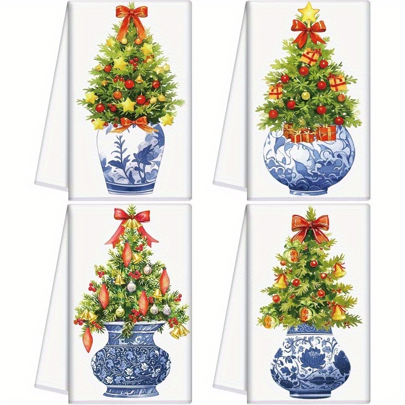 

4pcs Set Of 18x26" Christmas Kitchen Towels - Polyester, Machine Washable, Contemporary Design For Holiday Decor