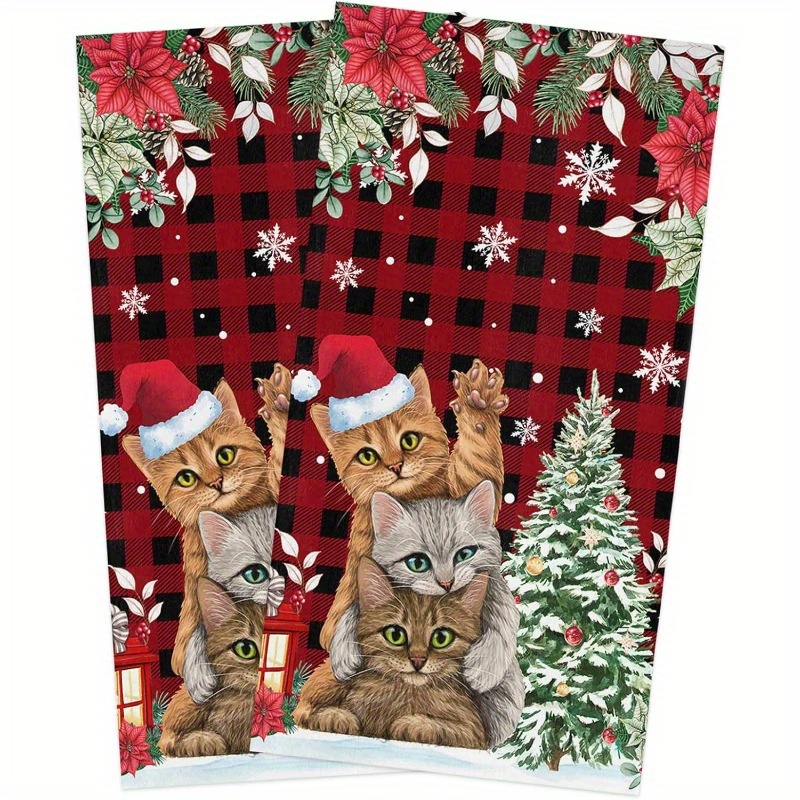 

2pcs Christmas Kitchen Towels Set - 18x26" Soft Polyester, Red & Design With Santa Hat Kittens - Machine Washable, Decorative Hand Towels For , Christmas Towels