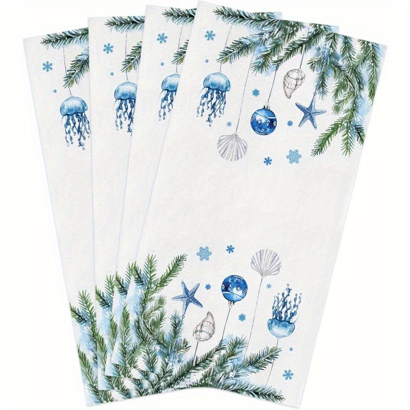 

4pcs Set Christmas Kitchen Towels - 18x26 Inch, Polyester, Quick Dry & Water Absorbent With Blue , Ocean Starfish & Shell Designs - Dishwashing & Decor