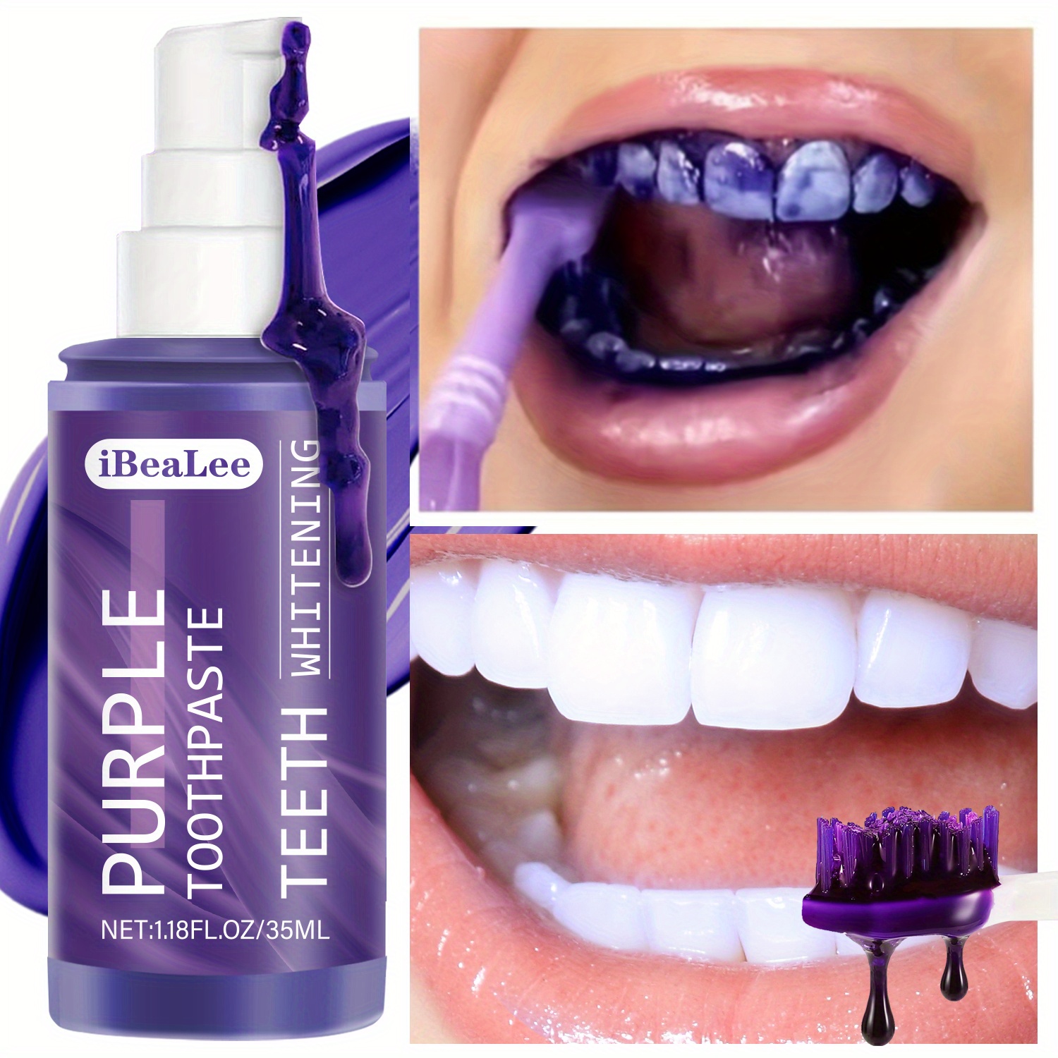 pasta de dinți ibealee purple, 35ml - albire a dinților fără  , îndepărtarea petelor profunde, împrospătează respirația, delicată și non-iritantă, conține mentă, sorbat de potasiu și polisorbat 20, până la 6 nuanțe mai strălucitoare în 1 săptămână, ideală pentru călătorii și uz casnic 0