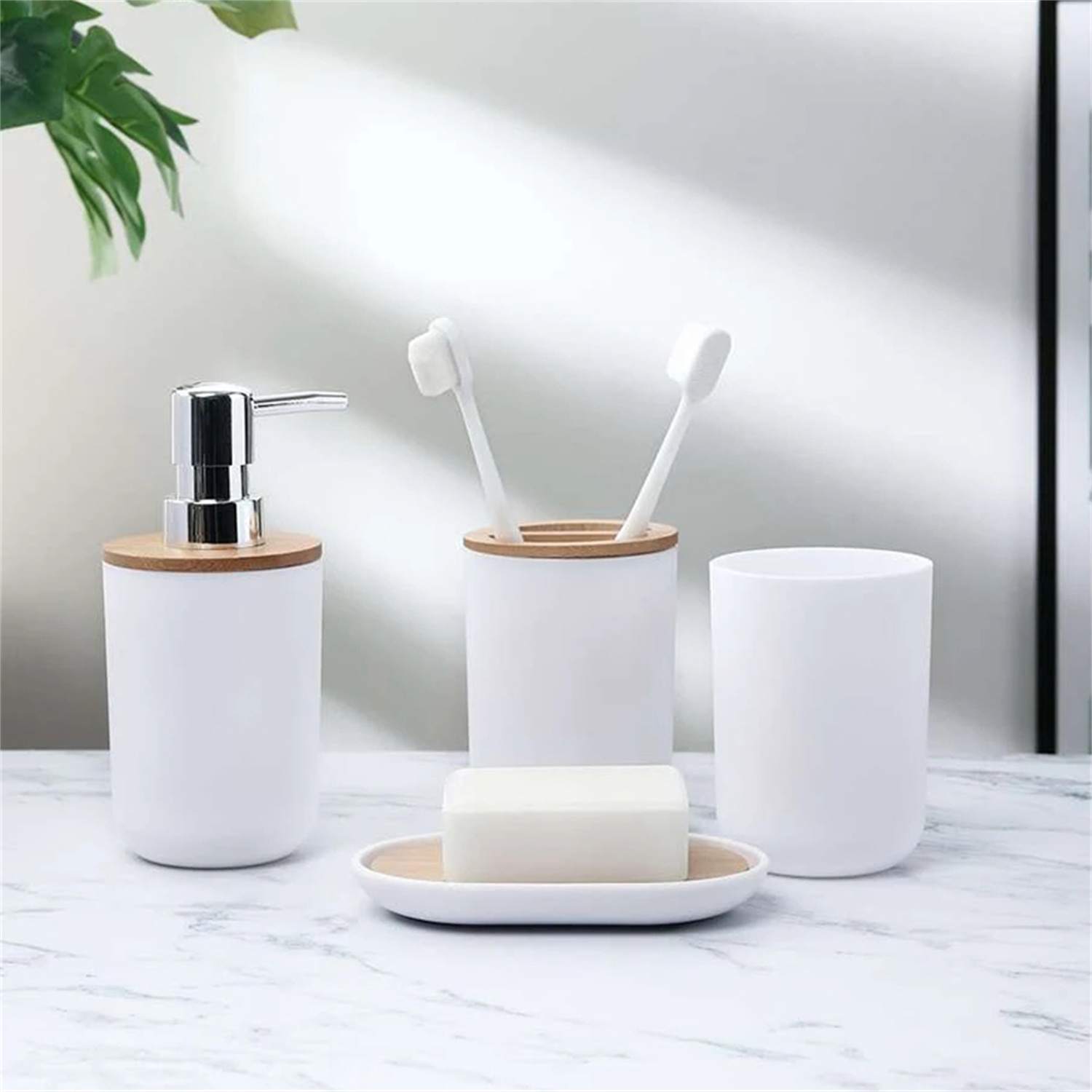 

4pcs Bathroom Accessory Set With High-quality Bamboo - Includes Soap Dispenser, Toothbrush Holder, Cup & Soap Dish - For , Bathroom Decor And Accessories