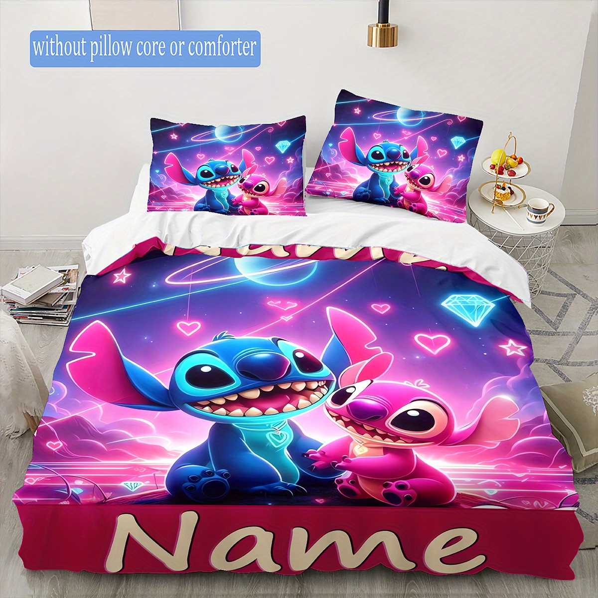 

Customizable Name Stitch Anime Duvet Cover Set - Polyester, Woven, - Fade Resistant With Zipper Closure - Includes 2 Pillowcases, Machine Washable - Vibrant Cartoon Bedding Set For All