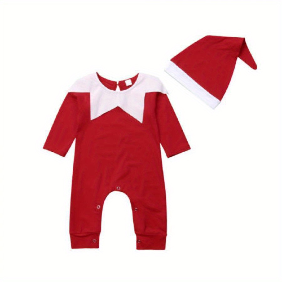 

2pcs Unisex Christmas Set, Red Long Sleeve Bodysuit Matching Hat, Slight , For Boys And , For