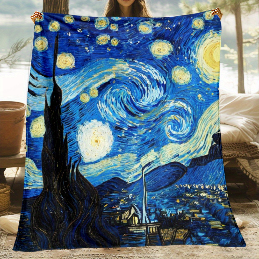 

1pc Van Gogh Soft And Warm Blanket-lightweight Flannel Throw For Sofa, Office, Chair. Camping, Travel, Climbing Flanjavascript:nel Fabric Printing Blankets, Gifts