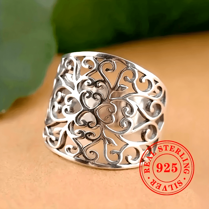 

925 Sterling Silver Hollow Vine Wide Ring, Wide Hollow Leaf Pattern, Bohemian Style, Neutral Retro Jewelry Accessory, Women's Gift