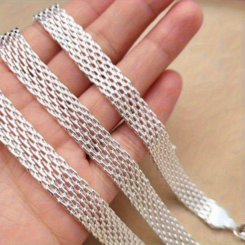 

925 Pure Silvery Mesh Chain Bracelet - Shining Braided Design, Suitable For Weddings And Parties, Adjustable 18+1.97 Inches