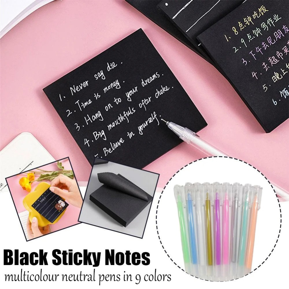 

11pcs Black Notes & Gel Pen Set - Reusable, Self-adhesive Memo Pads For Students & Office Organization