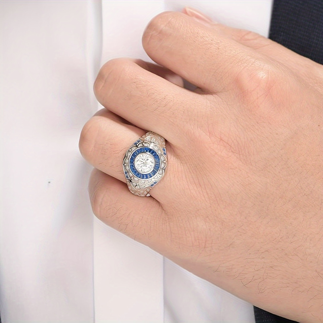 Men's 925 Silver Moissanite Engagement Ring with Sapphire Accents