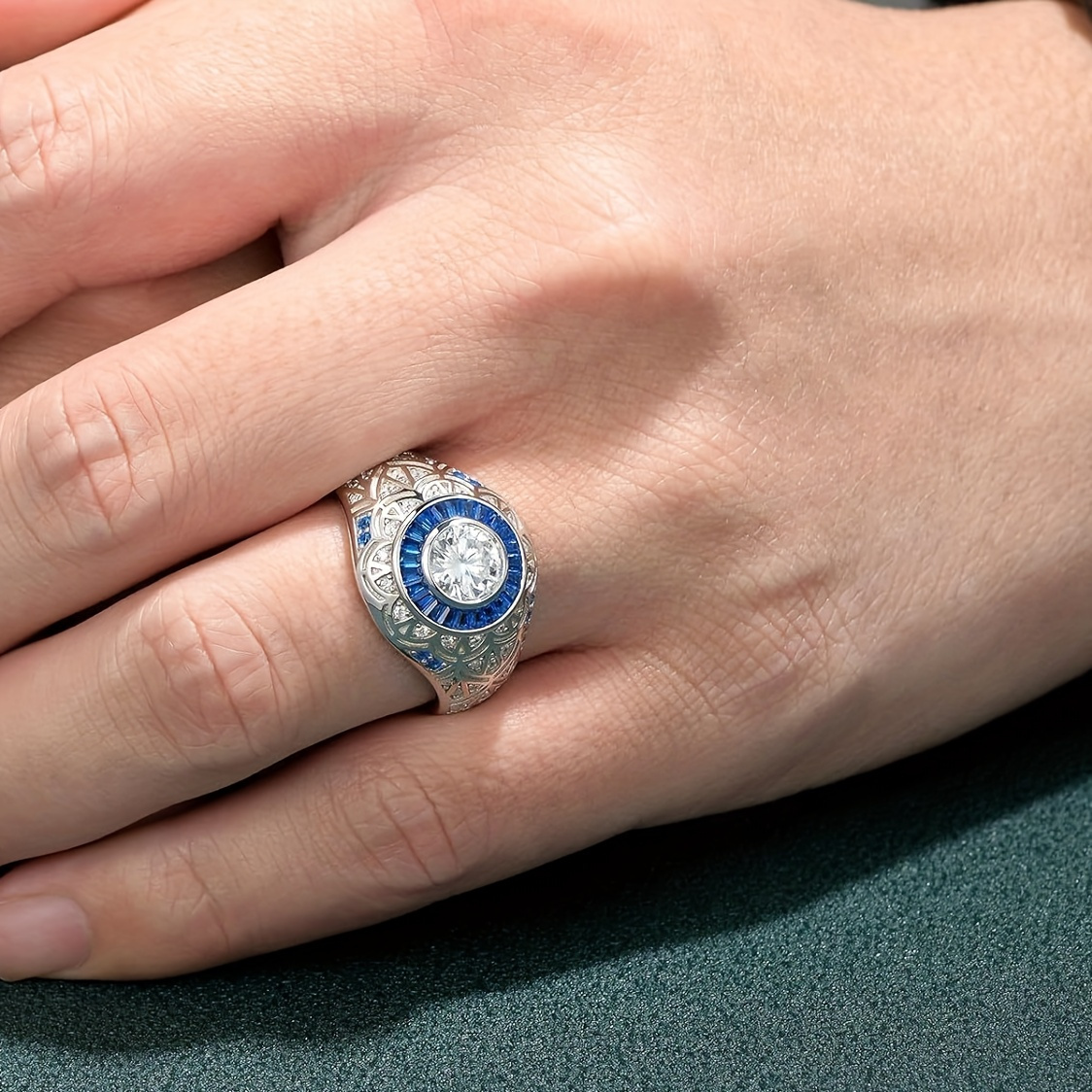 Men's 925 Silver Moissanite Engagement Ring with Sapphire Accents