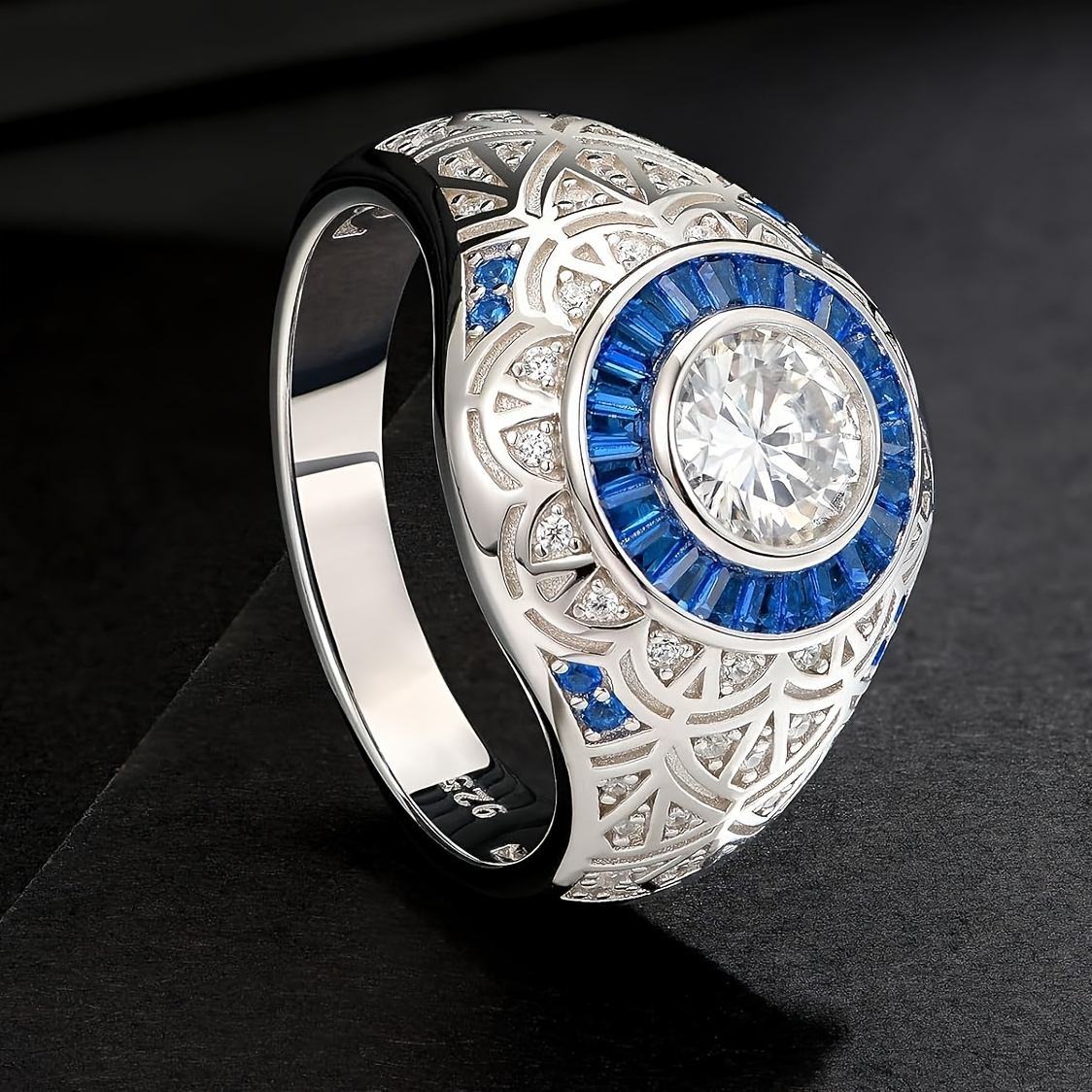 Men's 925 Silver Moissanite Engagement Ring with Sapphire Accents
