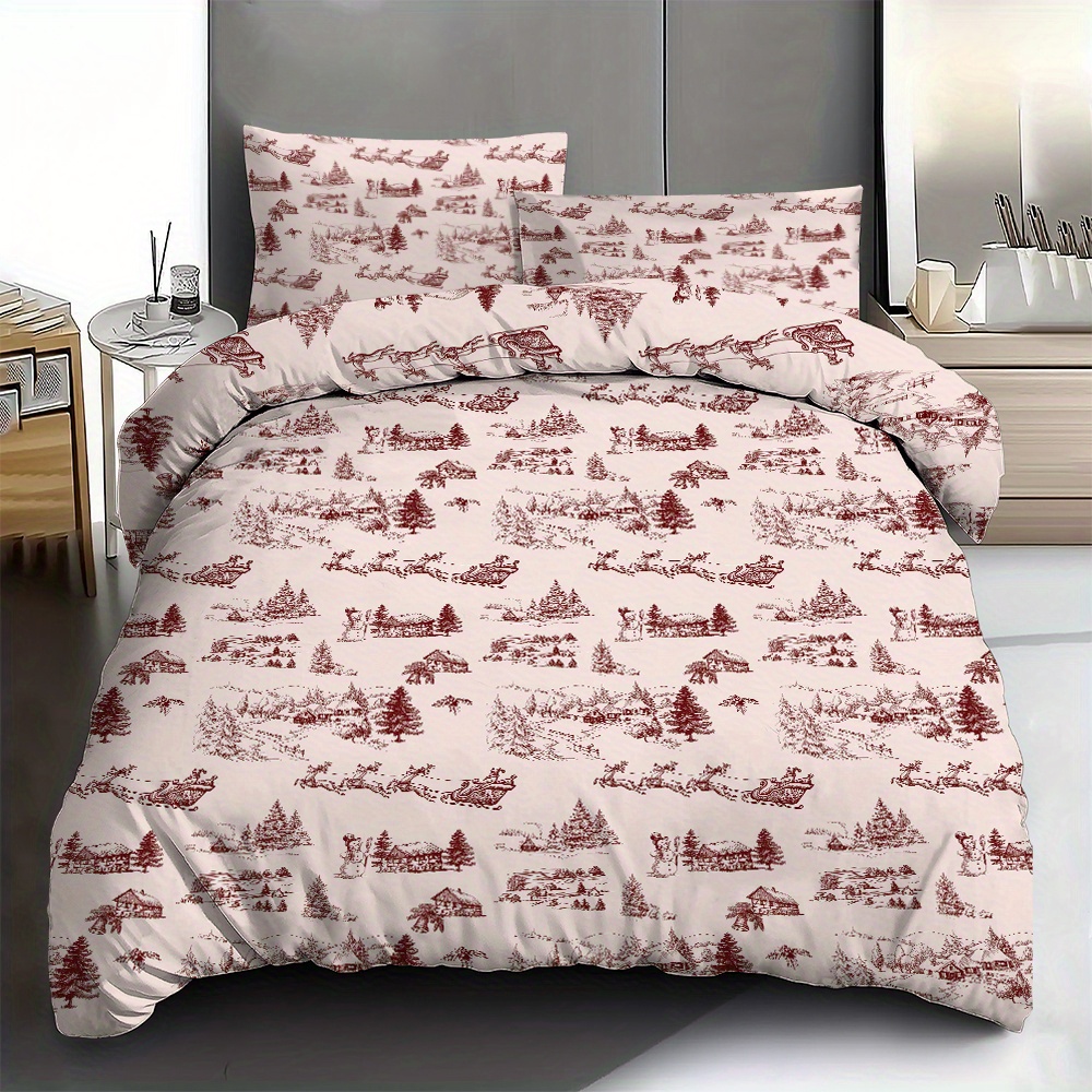 

Christmas Reindeer Sleigh Print Polyester Duvet Cover Set - Soft Comfortable Bedding, Includes 1 Comforter Cover And 2 Pillowcases For Bedroom And