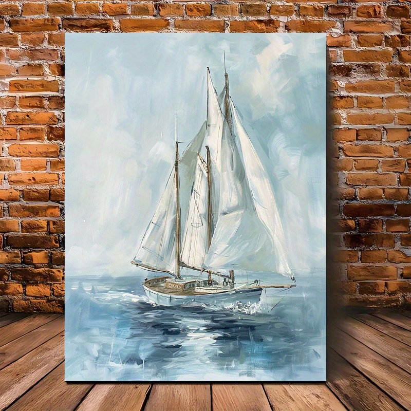Image of 2d Flat, 1pc Abstract Sailboat Painting - Nautical With Wrap-around Wood Frame, Minimalist White Suitable For Room Decor, Modern Maritime Decor For, Bedroom, Office - Sailboat Ocean Theme, 2d Flat