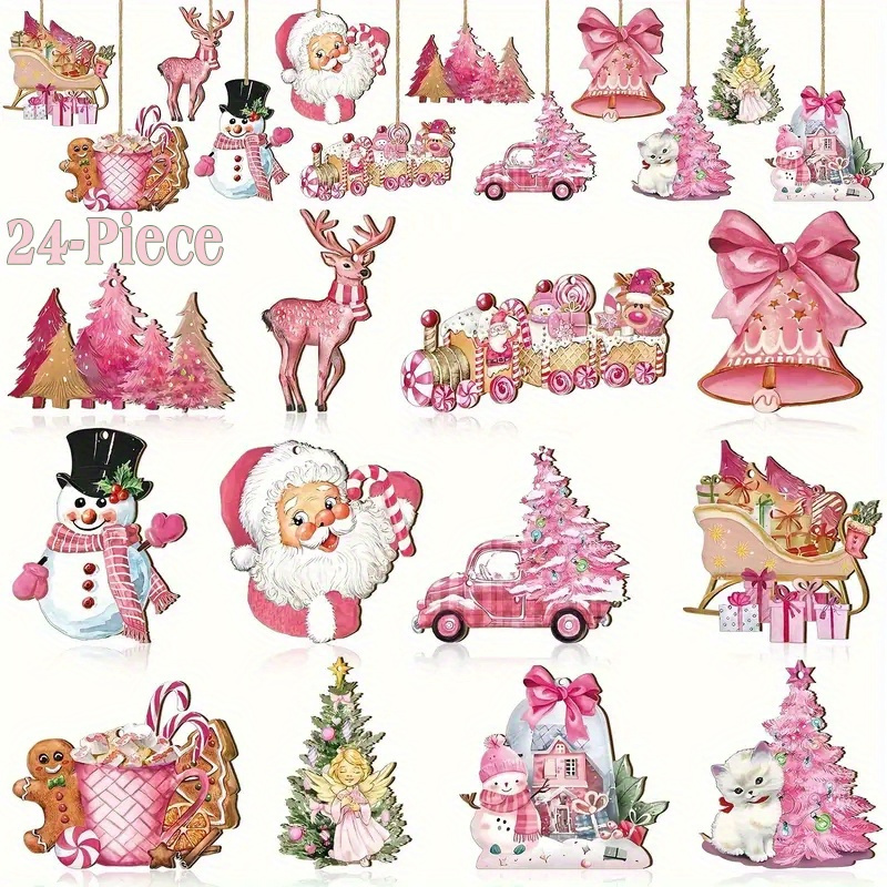 

24pcs Pink Christmas Wooden Ornaments With Ropes, Christmas Santa, , Reindeer, Gingerbread Man, Bells Hanging Pendant, Ideal Wooden Decorations For Home Party & New Year Themed