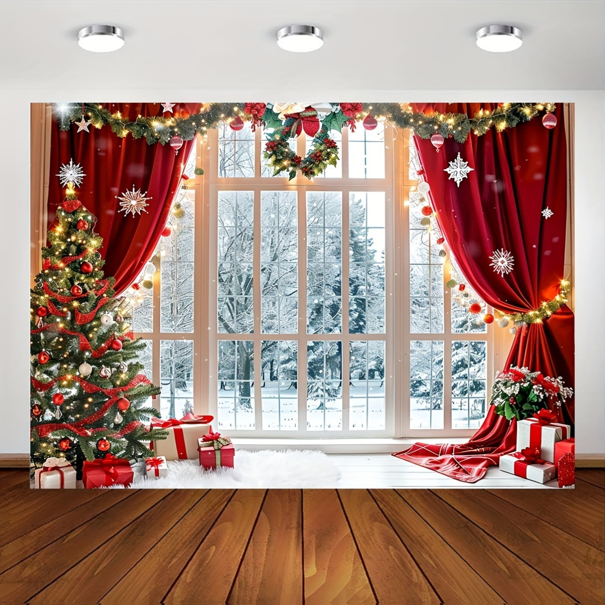 

Christmas Snow Scene Window Backdrop - 1pc Polyester Banner For Holiday & Tailgating Parties, No Power Needed