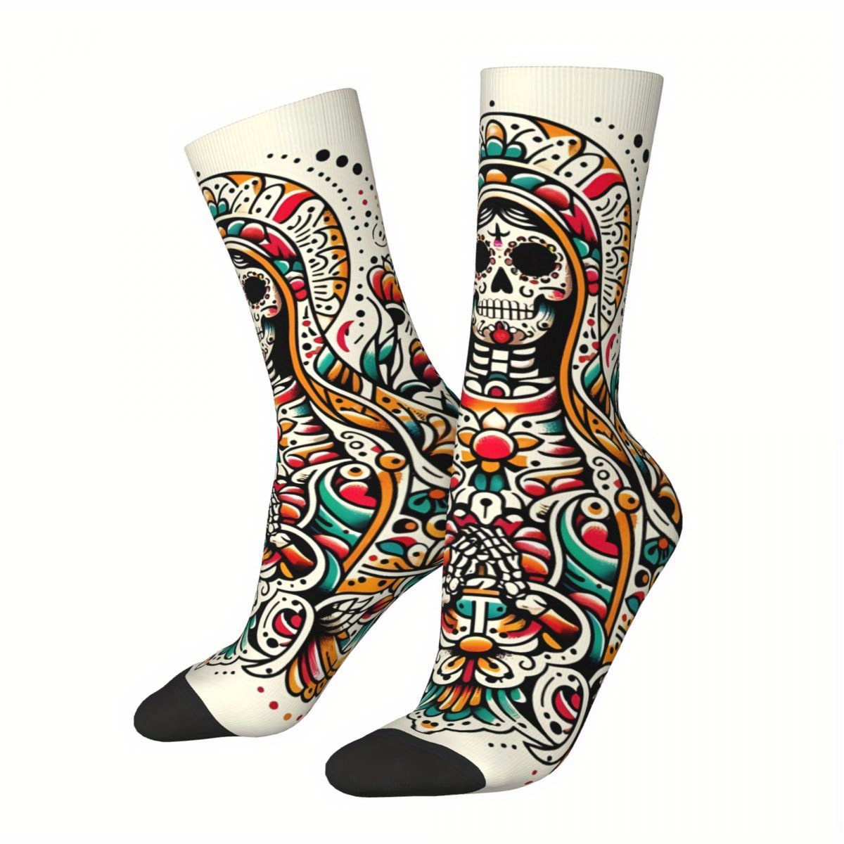 

1 Pair Biihudu Of The Dead Crew Socks - Vibrant 3d Printed Skulls & Marigolds, Soft Polyester With Elastane, Breathable & Comfortable, Casual Wear