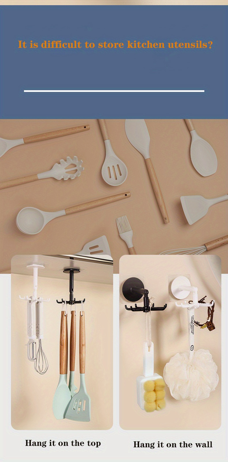 360 degree rotating folding hook kitchen utensil holder self   cabinet door hook no drill multifunctional wall mount hook for bathroom and kitchen accessories fashion style plastic material details 1