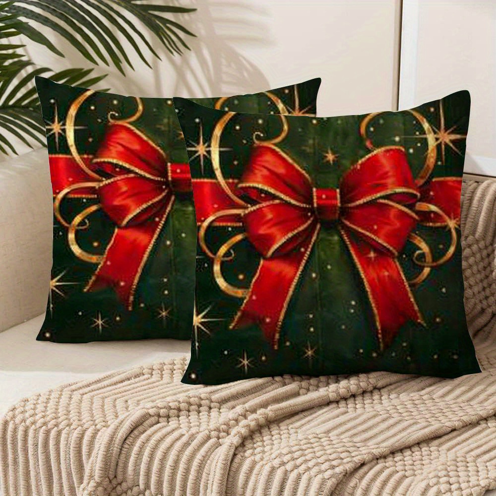 

Christmas Bow Throw Pillow Covers - Set Of 2, Short Plush Decorative Cushion Cases, Contemporary Zippered Sofa And Room Decor, Machine Washable Polyester, 18x18 Inches