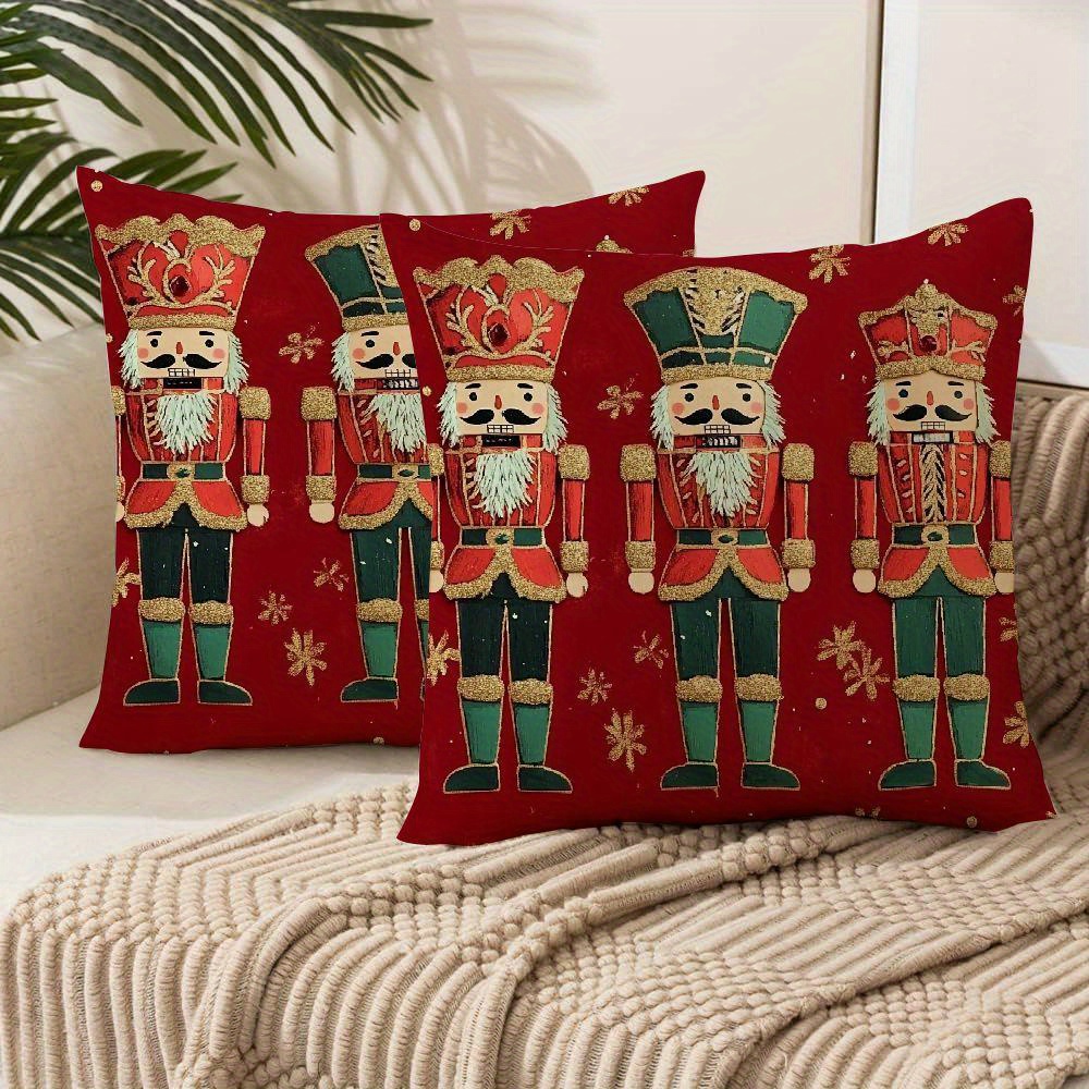 

2pcs Christmas Nutcracker Pillow Covers, Short Plush Decorative Throw Pillow Cases, Polyester, Contemporary Style, Multiple Sizes, Zipper Closure, Machine Washable For Sofa, Living Room, Outdoor Decor