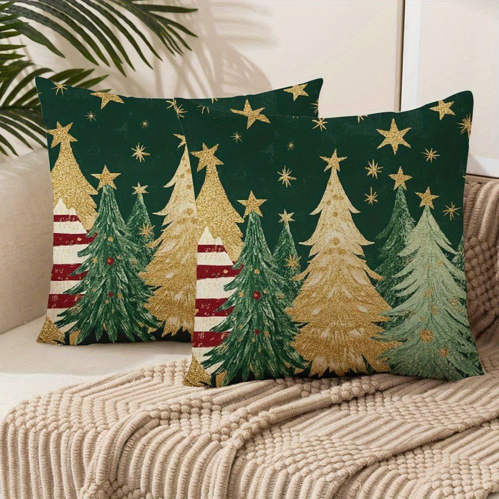

2pcs Christmas Tree Throw Pillow Covers Set - Soft Plush, Zip Closure, Machine Washable For Sofa & Outdoor Decor