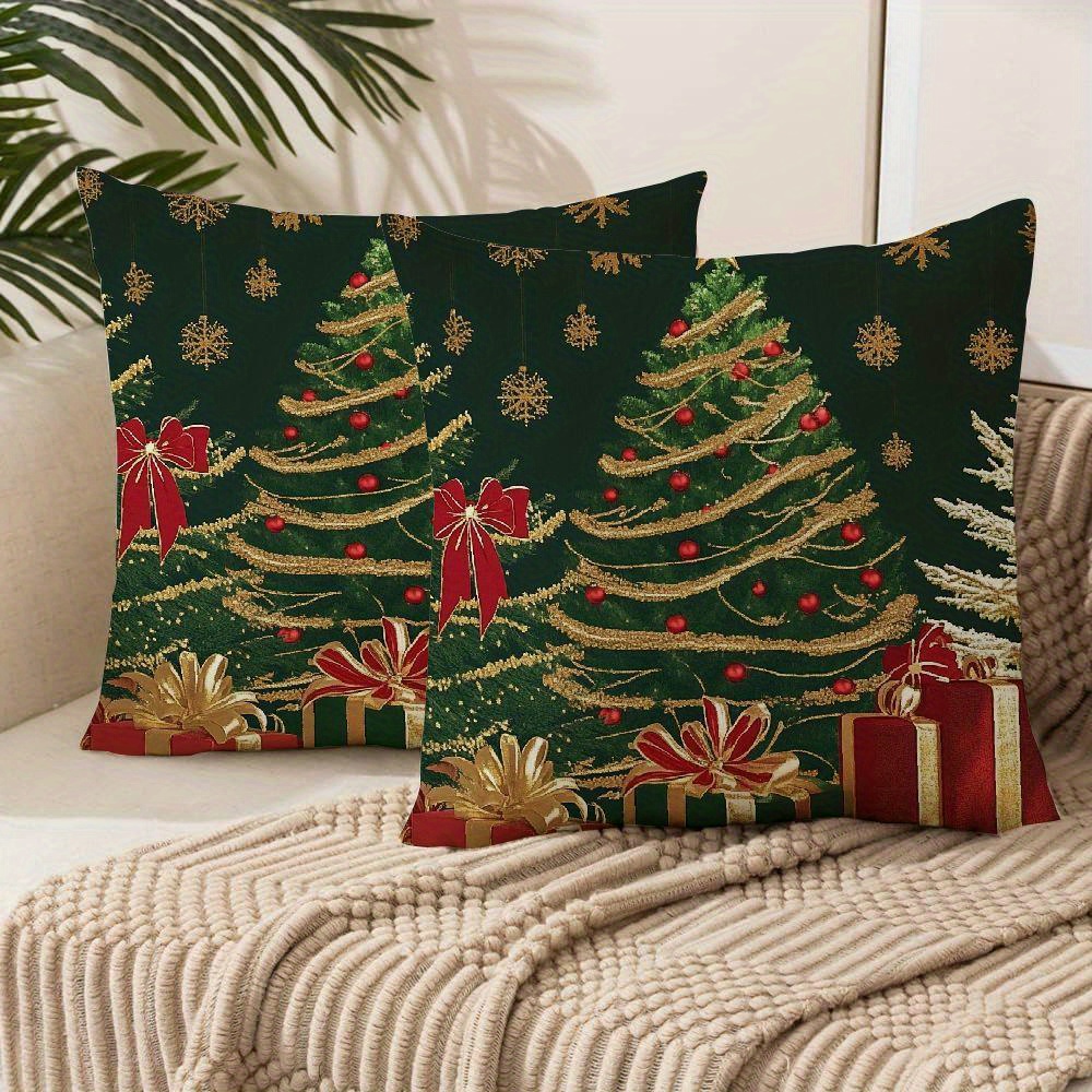 

2pcs Christmas Tree Throw Pillow Covers Set - Soft Short Plush, Zip Closure, Machine Washable For Sofa & Outdoor Decor