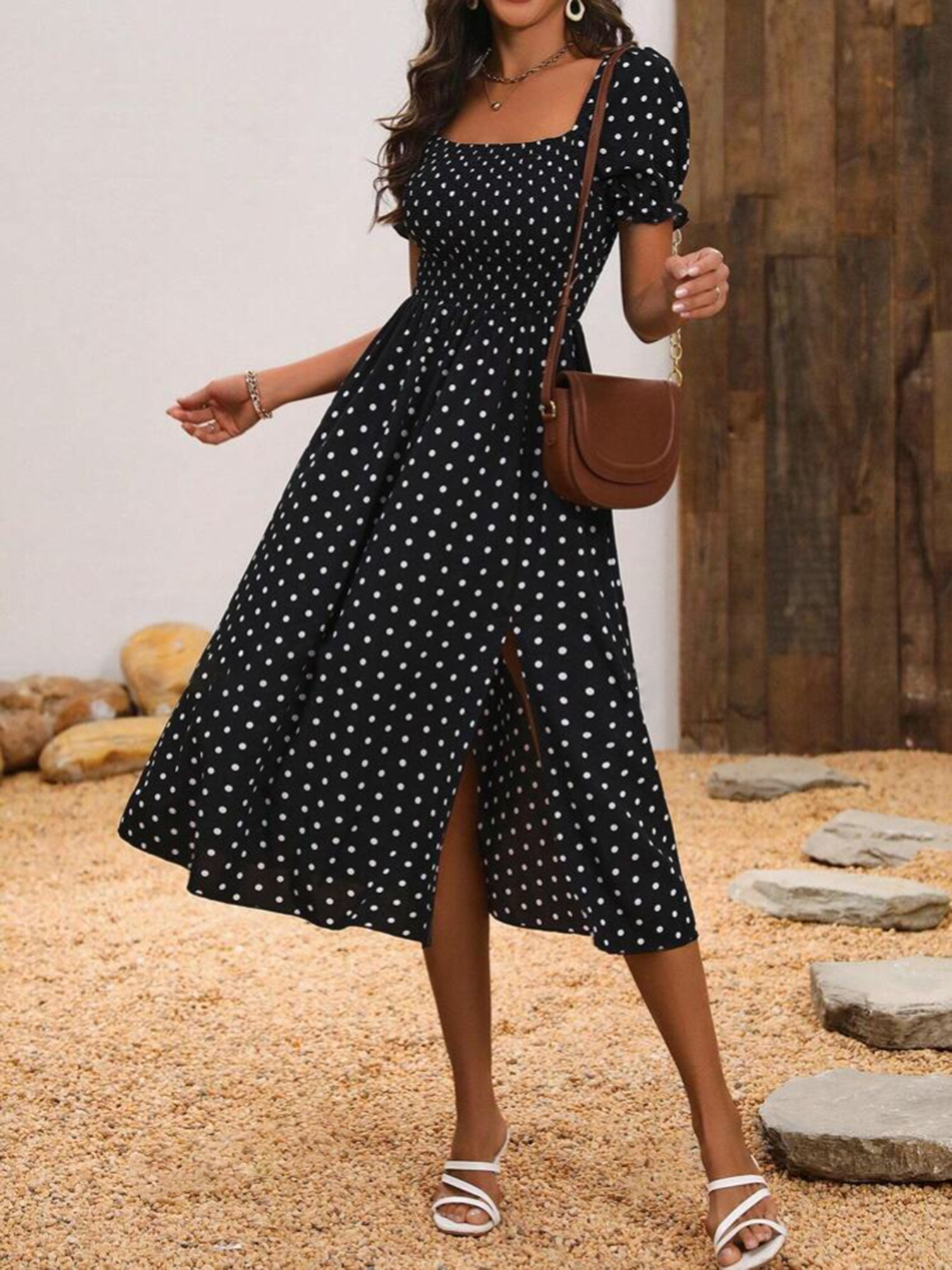 slim fit dress slacks Kimmie polka dot dress in black  Julie's Clothing
