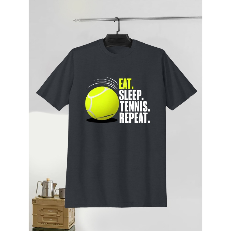 

Tennis Graphic T-shirt For Men, Casual Polyester Knit Fabric, Geometric Tennis Ball Print, Round Neck, Regular Fit, Summer Short Sleeve