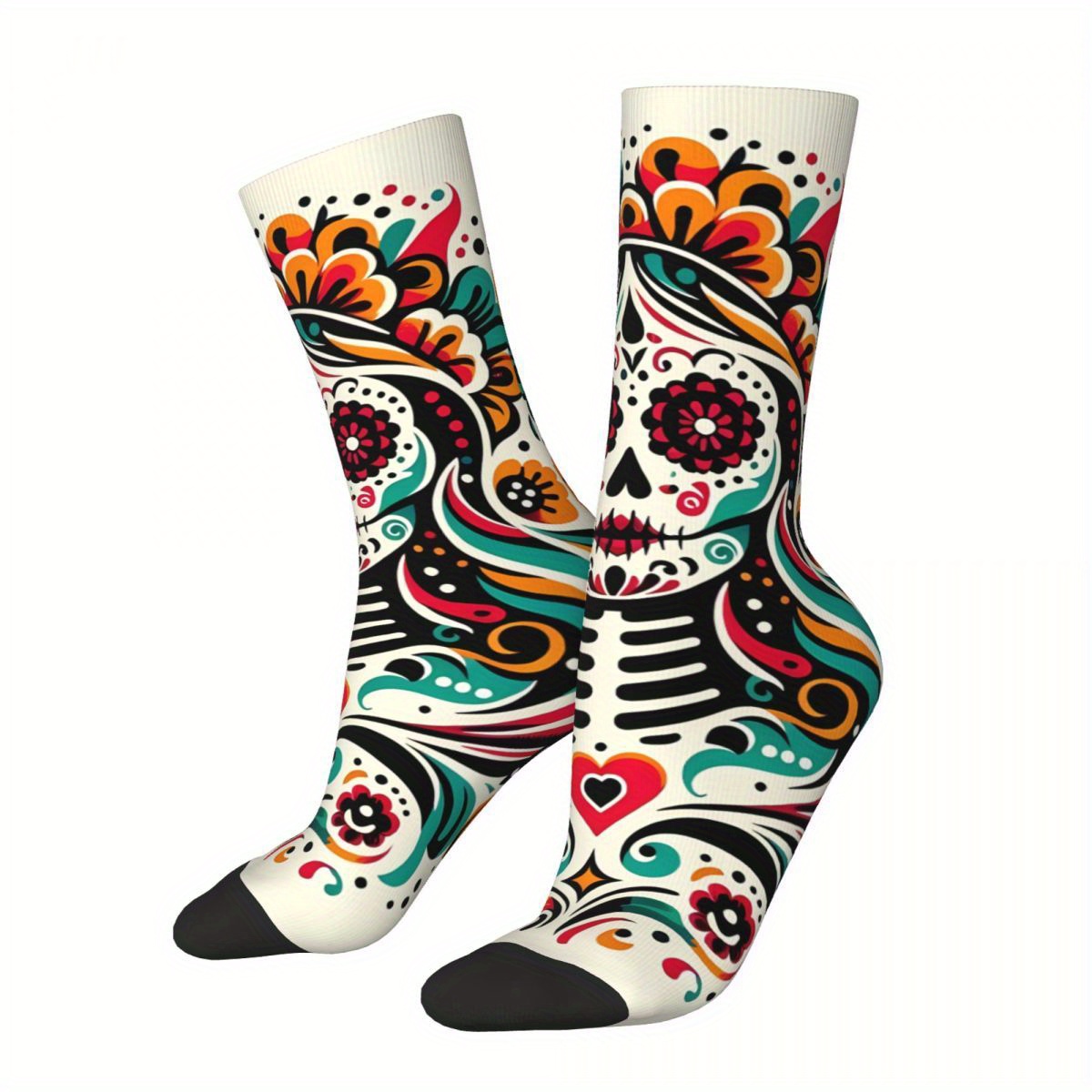 

1 Pair Biihudu Of The Dead Crew Socks - Vibrant Mexican Floral & Skull Design, Breathable Polyester With Elastane, Fit For Casual Attire