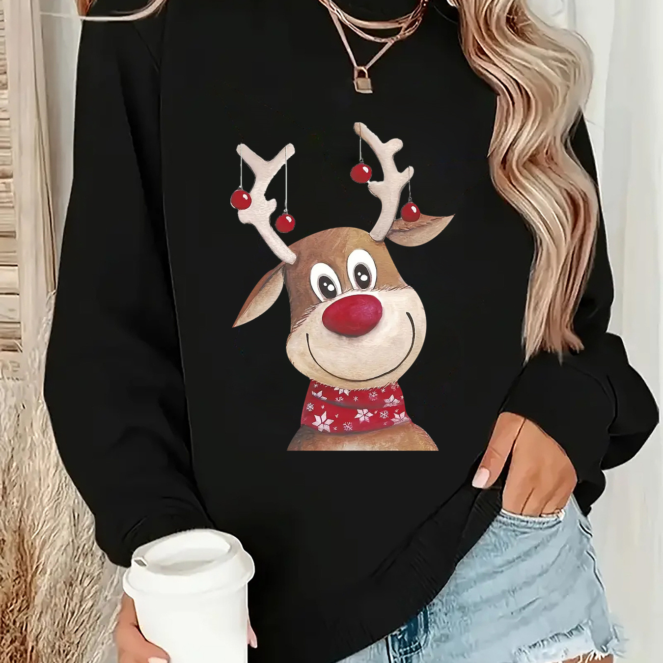 

Women's Cozy Fleece-lined Christmas Reindeer Print Sweatshirt - Casual Sporty Pullover With Crew Neck, Machine Washable