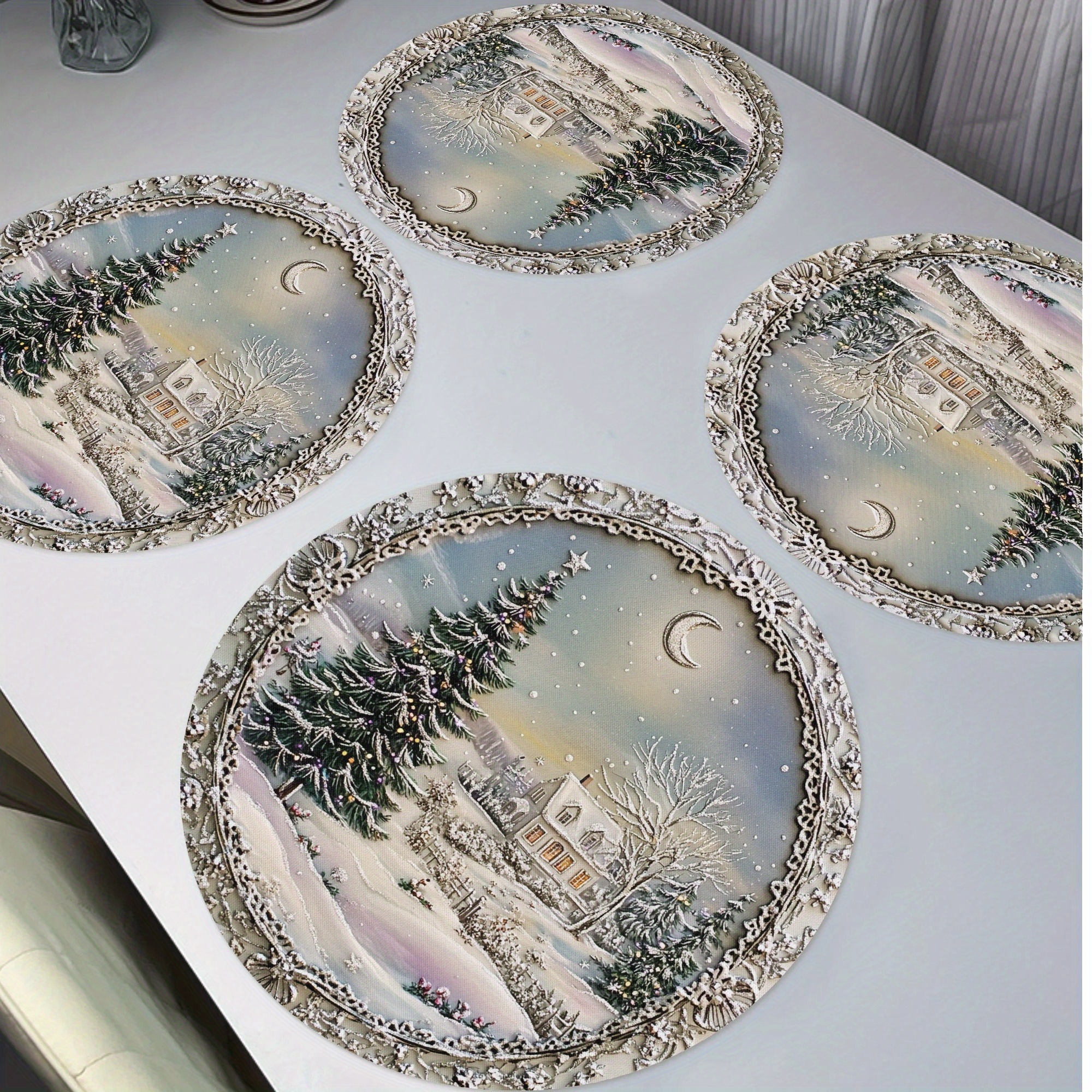 

4-pack Merry Christmas Trees Snow Vintage Round Placemats, 15" Polyester Table Mats, Non-slip, Washable, Heat Resistant, For Party Kitchen Dining, Christmas Seasonal Decor