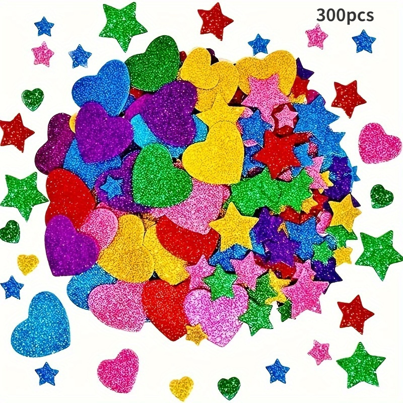 Image of 150 /300pcs Of Vibrant Glitter Foam Stickers: Self-adhesive Stars And Hearts Suitable For Arts, Crafts, Greeting Cards, And Home Decoration