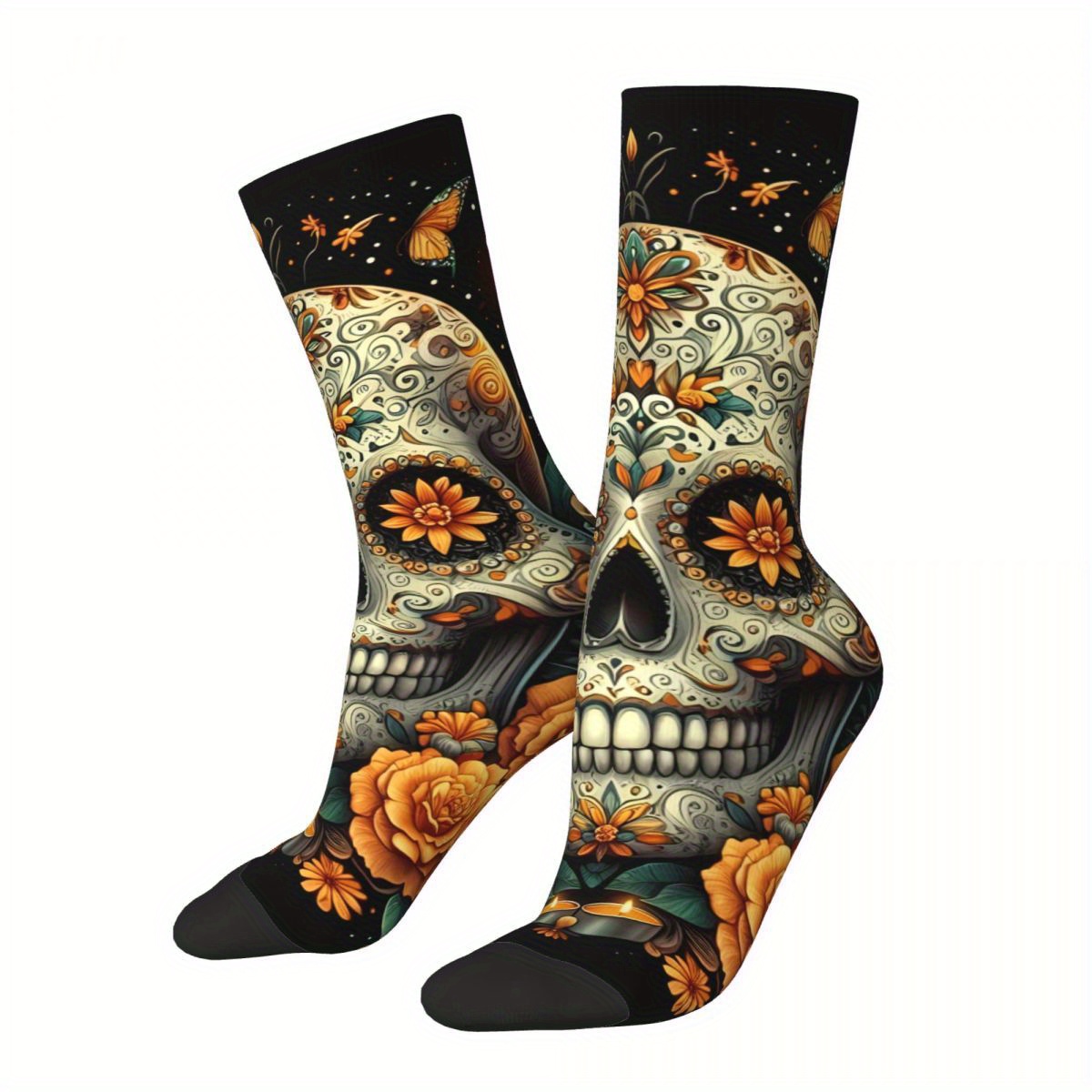 

1 Pair Biihudu Of The Dead Crew Socks - Vibrant 3d Printed Floral & Skull Design, Soft Polyester With Elastane, Breathable & Comfortable, Ideal For Casual Wear, Cute Socks