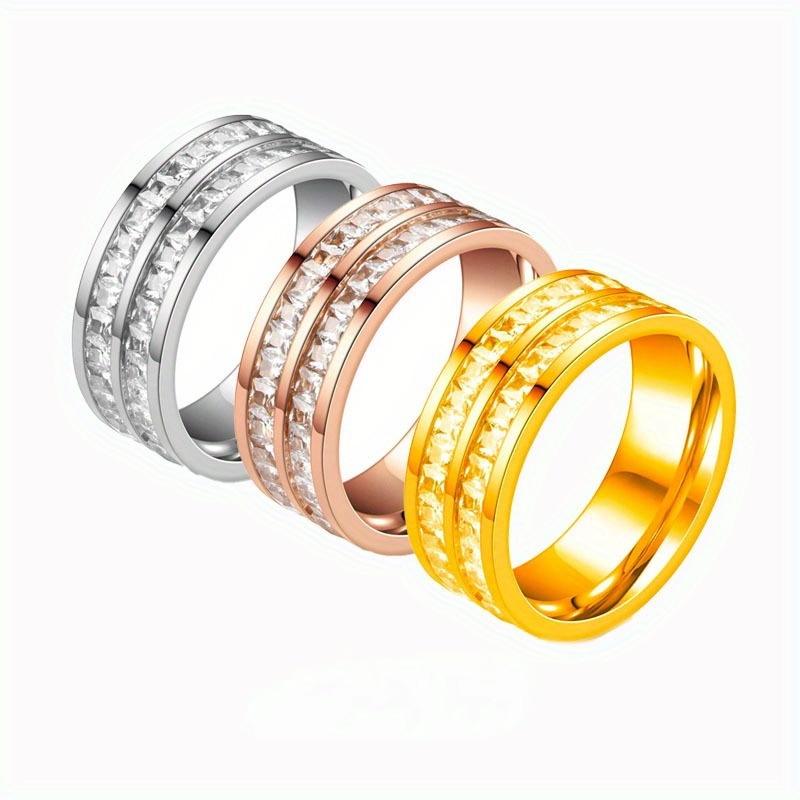 a womens fashionable european and   sweet niche design stainless steel double row 8mm starry sky full pave synthetic zirconia ring non fading for women and couples index finger ring versatile accessory durable suitable for daily